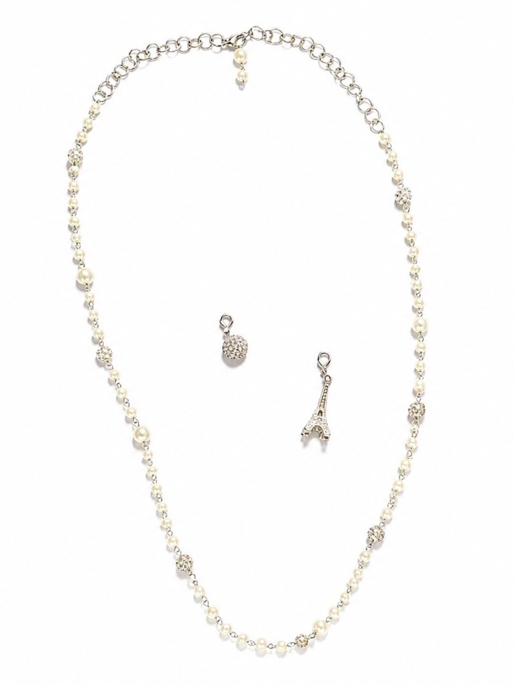 Parisian Pearl and crystal  necklace with eiffel tower & round crystal charm.